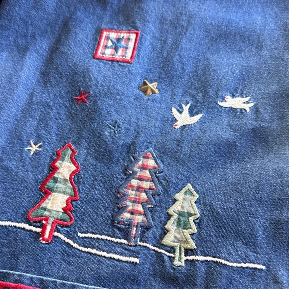 Vintage Teddi Denim Jean Jacket Corduroy Trim Canoe trees Camping Theme Large - Picture 13 of 14